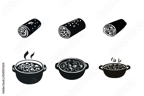 Delicious stew and rolled food illustrations