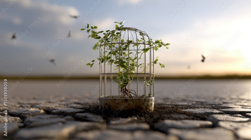Green Plant Growing from Birdcage Rooted in Cracked Dry Ground with Birds Flying at Sunset Green Plant Growing from Birdcage Rooted in Cracked Dry Ground with Birds Flying at Sunset