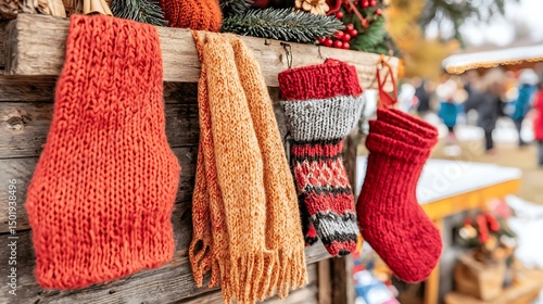 A rustic wooden market stall displaying handcrafted winter accessories, such as woolen scarves and knitted gloves, nestled in a charming holiday market setting with festive decorations.