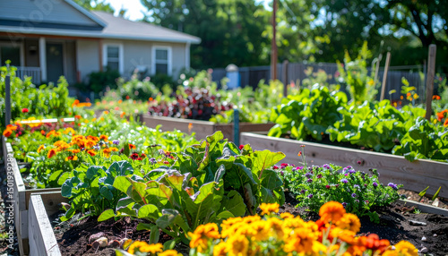Fototapeta Naklejka Na Ścianę i Meble -  Vibrant Community Garden with Colorful Flowers and Vegetables
