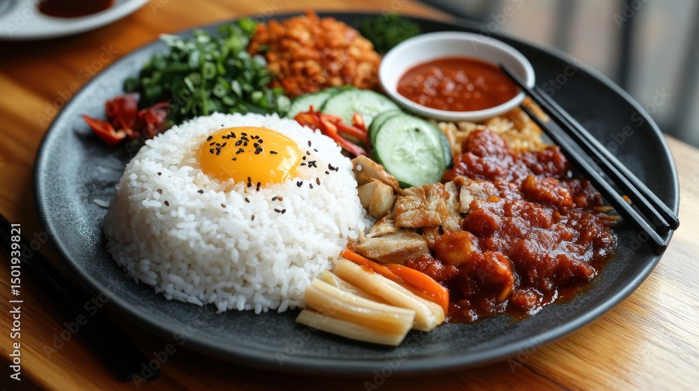 Colorful rice dish with various toppings Colorful rice dish with various toppings
