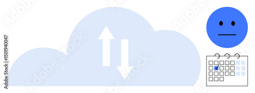 Cloud with up and down arrows represents data exchange, alongside a calendar with a marked date and a neutral face. Ideal for technology, scheduling, organization, workflow, planning, communication