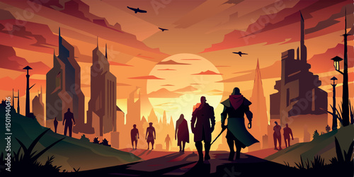 sunset over the mountains with city skyline vector illustration