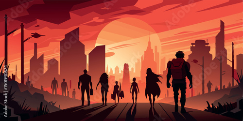 silhouettes of people city building city with sunset background