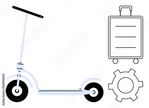 Scooter, suitcase with wheels, and gear symbolizing urban transport, travel efficiency, and innovation. Ideal for travel, mobility, logistics, engineering automation modern tech and simple landing