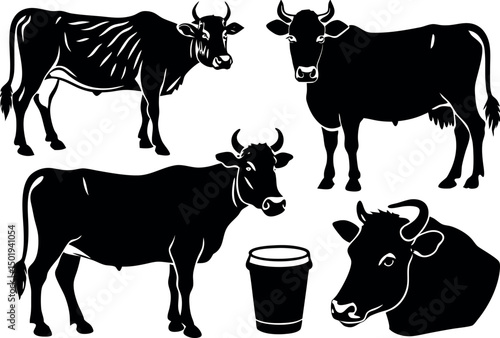 black and white cows set 