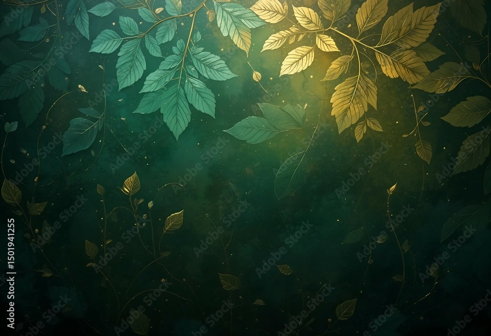 Fototapeta premium Enchanted Forest Leaves Background - Dark Green and Gold Botanical Texture