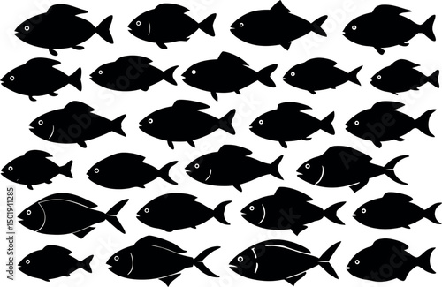 Fish group swim curve. Underwater school icon, fish ion set
