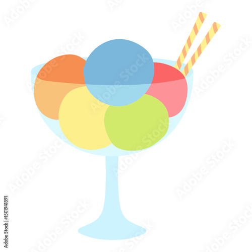 Ice cream, gelato, frozen yogurt in glass bowl with wafers hand drawn illustration, isolated vector. Flat style design. Birthday celebration, festival, carnival, party clip art, element