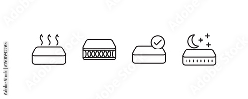 Set of four mattress icons depicting features: heat, comfort, assurance, night.