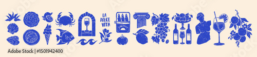 Summer Italy food print set, vector hand drawn grunge texture travel silhouette object illustration. Ocean seafood Mediterranean icon, Amalfi lemons, oranges, wine bottle, statue. Coastal Italy summer
