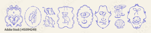 Sea whimsical wedding frame set, vector coastal ocean invitation border, elegant ribbon bow decor. Vintage doodle seashell line hand drawn illustration, coquettish woman hand, pearl. Whimsical frame