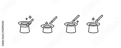 Magic wand transforming top hat into different stages of trick sequence.