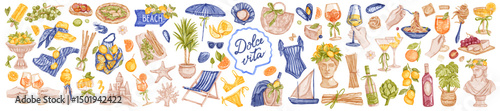 Watercolor Italy summer vacation illustration, hand drawn mediterranean travel beach sticker set. Vector Italian traditional food print, Amalfi coastal aesthetic print, hand, wine glass. Italy summer