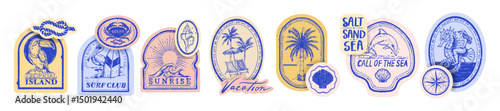 Summer ocean beach sticker set, vector engraving retro tropical sea label exotic vintage logo kit. Hand drawn postage tourism travel badge surf club sign, coastal marine design element. Summer sticker