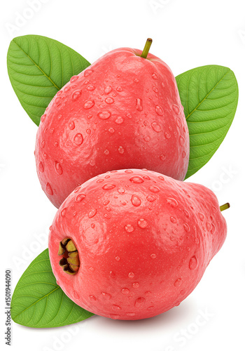 Two fresh guavas with bright green leaves and sparkling water droplets, displayed on a clean white background — crisp, vibrant, and highly detailed food-safe image