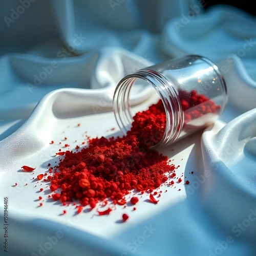 Red Powder Spilled from Glass Jar on White Satin Fabric with Natural Light