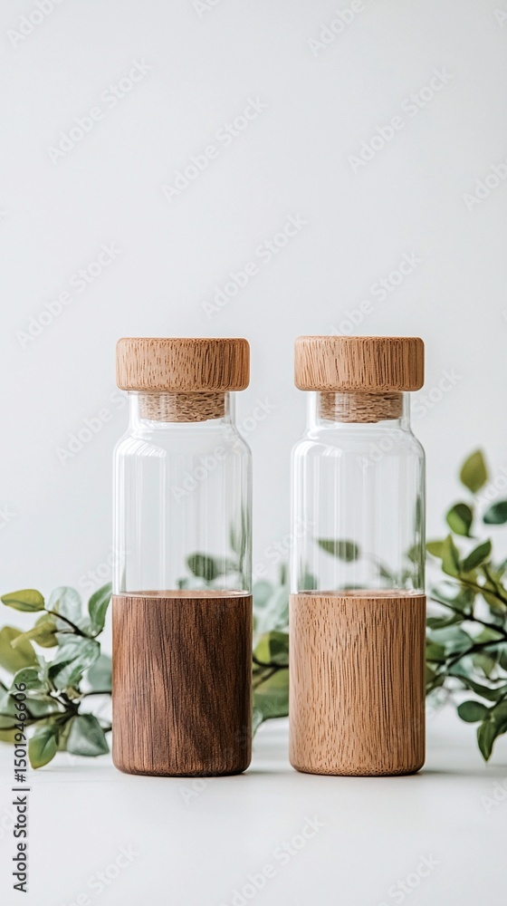 Two Clear Glass Bottles with Wooden Bases and Cork Tops on Kitchen Counter Two Clear Glass Bottles with Wooden Bases and Cork Tops on Kitchen Counter
