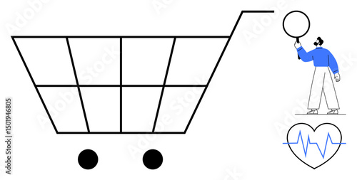 Minimalist shopping cart and man examining with magnifier. Heartbeat icon symbolizes health and wellness. Ideal for e-commerce, analysis, research, healthcare, shopping, wellness, simple landing page