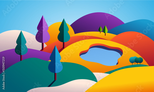 Colorful abstract landscape vector with rolling hills, stylized trees, vibrant yellow and teal shapes, blue pond, and orange path in geometric style with whimsical mood and saturated playful colors