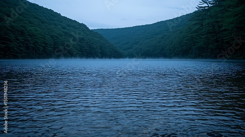 A quiet lakeside view with light mist hovering over the water, creating a dreamlike, peaceful atmosphere as the morning sun gently rises.