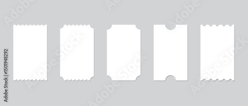 Set of white vector ticket mockups with ruffle edges and shadows. Movie, transport or theater ticket. Boarding blank, lottery, sale.