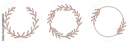 Set of black laurels frames branches with circle borders. Hand drawn collection laurel leaves decorative elements. award, Leaves, invitation decoration, swirls, ornate. Vector icon illustration