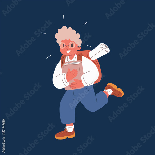 Cartoon vector illustration of a schoolboy running with a book, excited to start a project, education and motivation concept against dark background