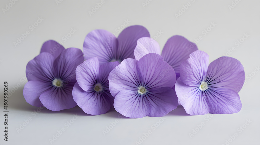 Obraz premium Purple flowers on gray paper against white background symbolizing spring Flat lay with room for text