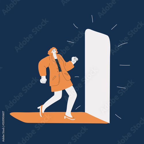 Cartoon vector illustration of a happy woman entering a black doorway, mystery and opportunity concept against dark background