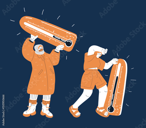 Cartoon vector illustration of a woman experiencing extreme heat and cold, symbolizing challenges of adapting to changing seasons against dark background