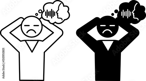 Hearing Voices Icons. Black and White Vector Illustration. Mental Illness, Auditory Hallucinations. Mental Health Concept