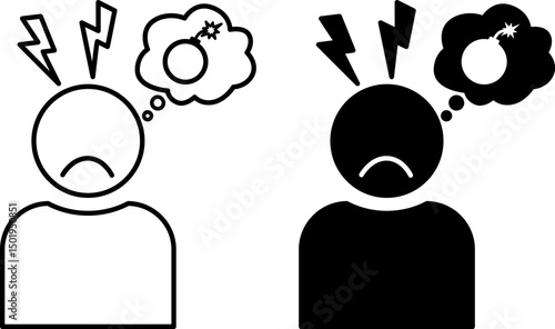 Post Traumatic Stress Disorder Icons. Black and White Vector Illustration. Severe Mental Disorder, PTSD. Irritability, Aggression, Sleep Problems. Mental Health Concept