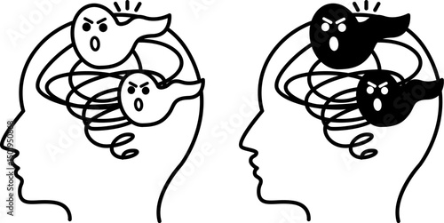 Schizophrenia Icons. Black and White Vector Illustration. Mental Illness, Hallucinations, Psychosis, Speech Impairment. Mental Health Concept