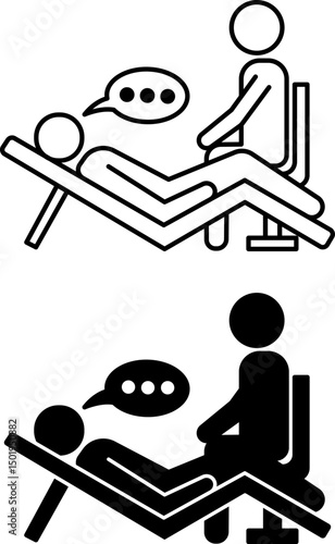 Therapy Icons. Black and White Vector Illustrations. Patient Lying on the Couch and Telling the Doctor about His Problem. Internal Medicine, Psychology, Psychotherapy. Mental Health Concept