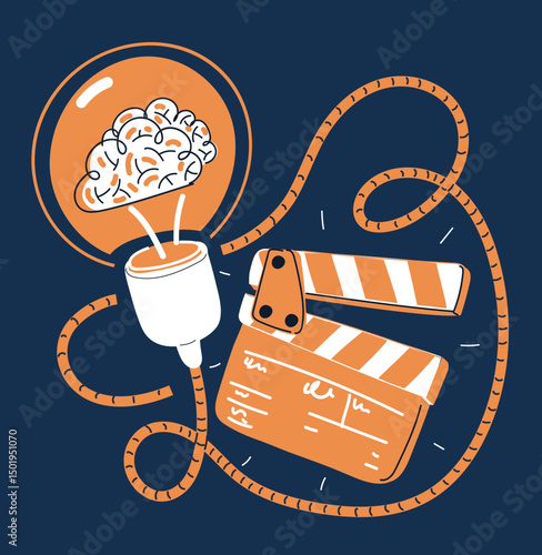 Cartoon vector illustration of a glowing lightbulb with a brain and film clapperboard, representing creative thinking and innovation in filmmaking against dark background