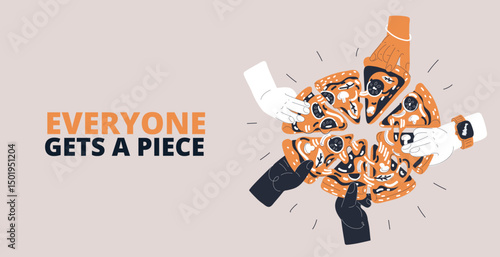 Vector cartoon illustration of hands grabbing slices of pizza, food sharing and enjoyment concept