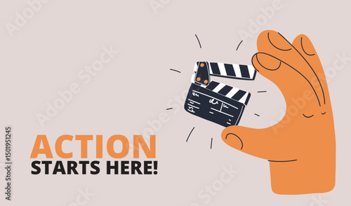 Vector cartoon illustration of a hand holding a movie clapperboard, symbolizing the start of a creative film journey
