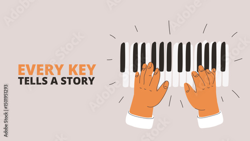 Cartoon vector illustration of hands playing piano keys, representing music, creativity, and emotional expression