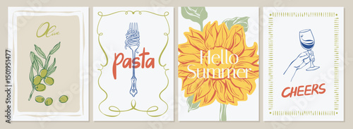 Mediterranean posters in hand drawn line art with whimsical olive branch, pasta on fork, sunflower with hello summer, wine cheers. Whimsical vintage retro line art for poster, print, card, invitation