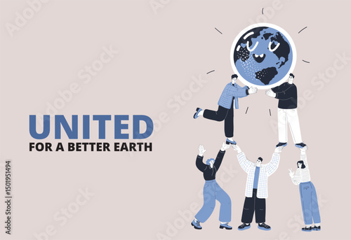 Cartoon vector illustration of a multicultural group holding a globe, symbolizing global unity and teamwork