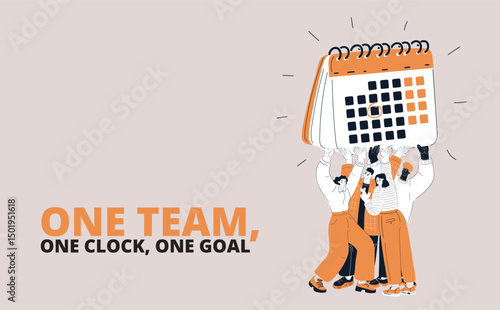Vector cartoon illustration of a group of people holding up a calendar, symbolizing a collective countdown to an exciting event