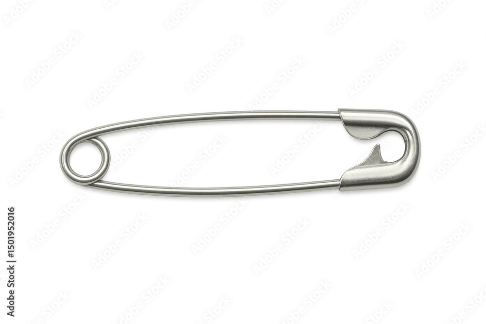 Metallic safety pin gleaming, sharp point secured, fastening mechanism visible against clean transparent backdrop Metallic safety pin gleaming, sharp point secured, fastening mechanism visible against clean transparent backdrop