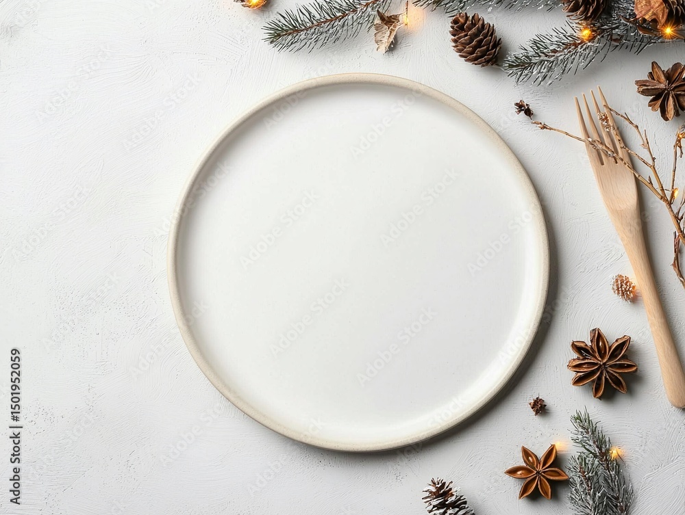 Empty White Plate with Festive Christmas Decor Empty White Plate with Festive Christmas Decor