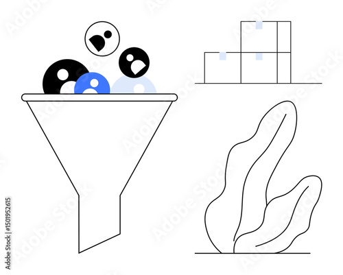 Funnel with icons flowing inside, stackable boxes next to abstract plant. Ideal for business strategy, user segmentation, product flow, decision-making, marketing, organization, simple landing page