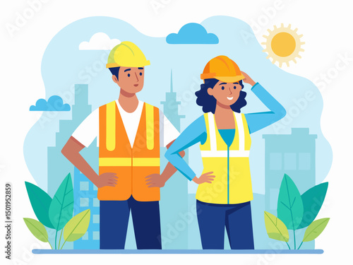 Heat stroke prevention poster with characters icons and sun safety guidance for outdoor workers
