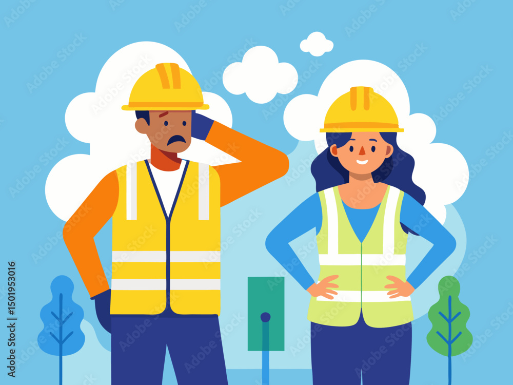 Flat design heat stroke prevention illustration with workers wearing safety vests and helmets Flat design heat stroke prevention illustration with workers wearing safety vests and helmets