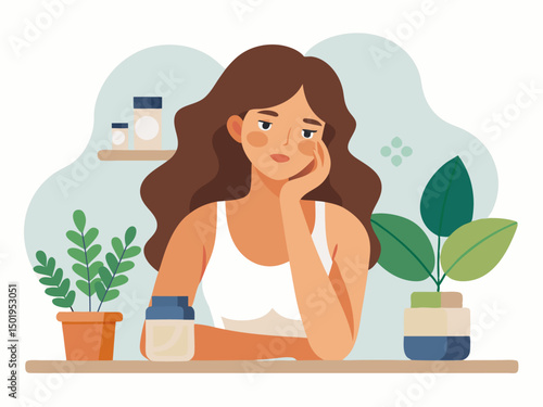 Flat design illustration of young woman practicing daily skincare routine at home table