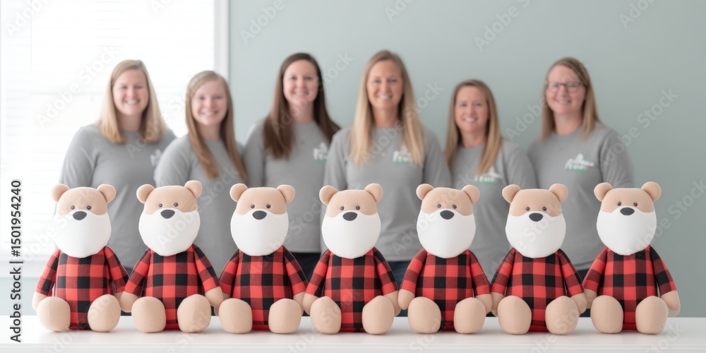 Obraz premium Five women stand behind a group of colorful teddy bears against a plain white background.