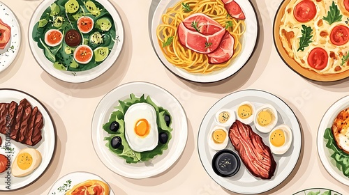 Assorted food dishes displayed on plates.